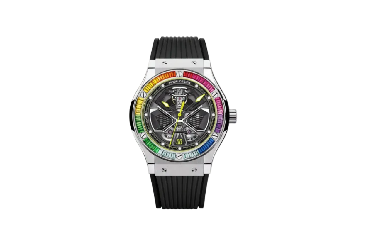 PINDU PD6552 colored diamond skeleton watch with rainbow bezel and black rubber strap