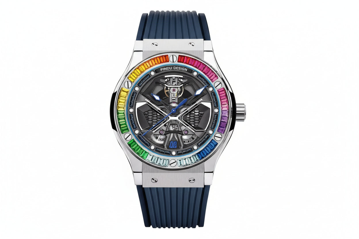 PINDU PD6552 colored diamond skeleton watch with rainbow bezel and blue rubber strap