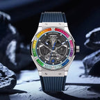PINDU PD6552 colored diamond skeleton watch with rainbow bezel, black dial and blue rubber strap, front view