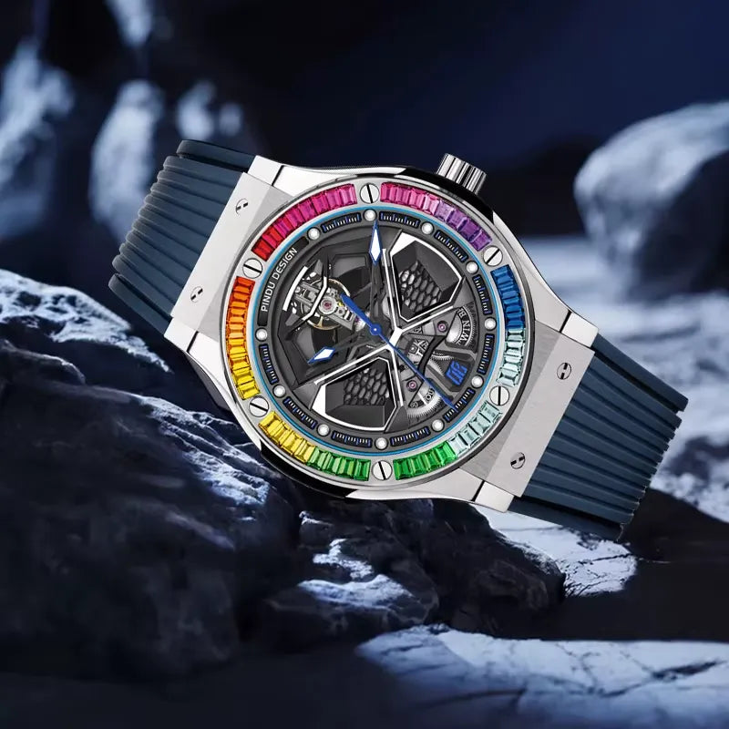 PINDU PD6552 rainbow bezel skeleton watch with blue strap on rocky lifestyle scene
