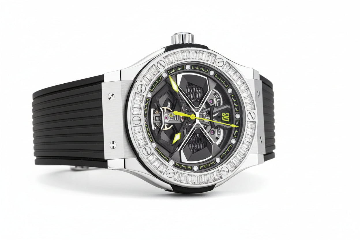 PINDU PD6552 skeleton watch silver case clear bezel and black rubber strap side view