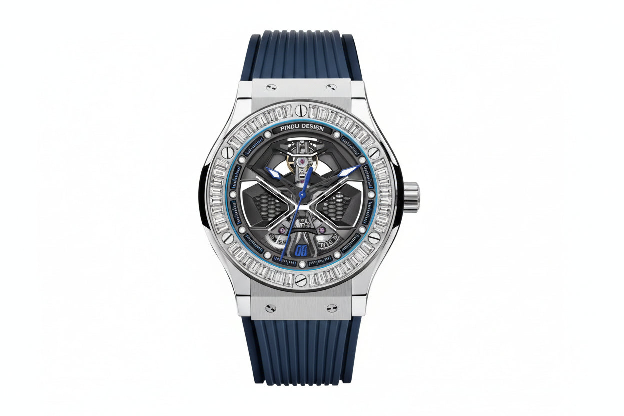 PINDU PD6552 colored diamond skeleton watch with black dial silver case and blue strap