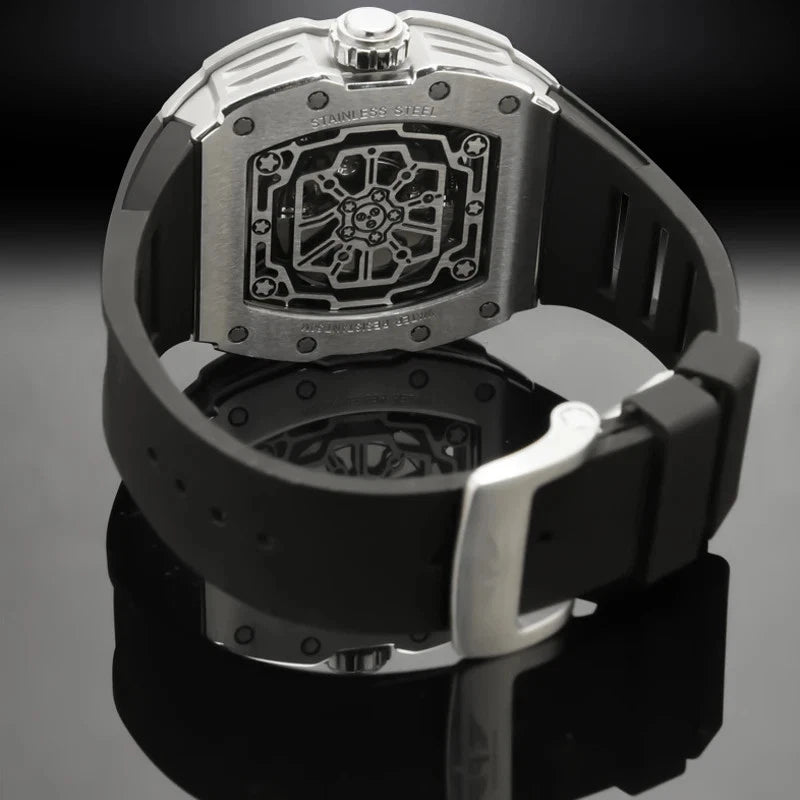 Back view of Pindu PD6550 wine barrel mechanical watch showcasing openwork caseback with skeletonized rotor, stainless steel case and black silicone strap
