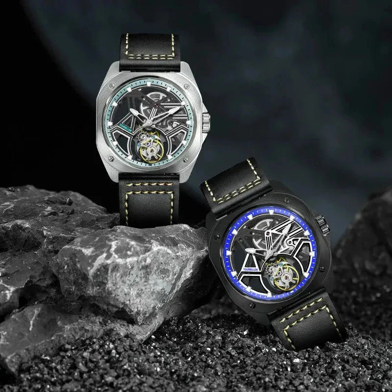PINDU PD6568 steel and black PVD skeleton tourbillon watches together on dark rocks