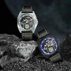 PINDU PD6568 steel and black PVD skeleton tourbillon watches together on dark rocks