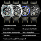 PINDU PD6568 spec sheet: four skeleton tourbillon colourways, 42mm steel case, 3ATM