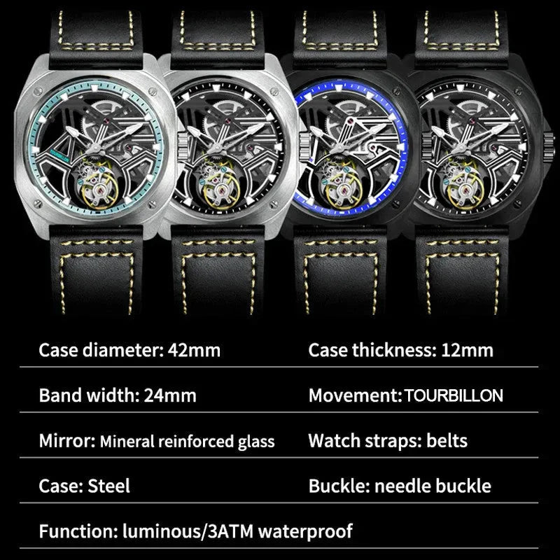 PINDU PD6568 spec sheet: four skeleton tourbillon colourways, 42mm steel case, 3ATM