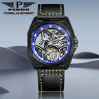 PINDU PD6568 black PVD blue-ring tourbillon watch on grey studio backdrop with brand logo