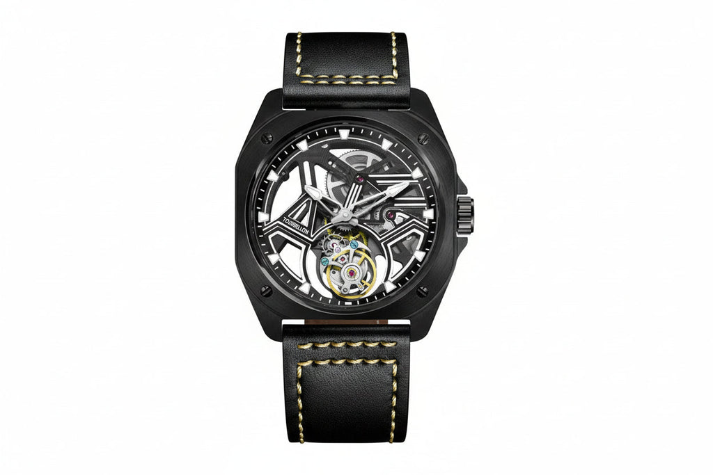 PINDU PD6569 tourbillon skeleton watch with black case and black leather strap
