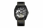 PINDU PD6569 tourbillon skeleton watch with black case and black leather strap
