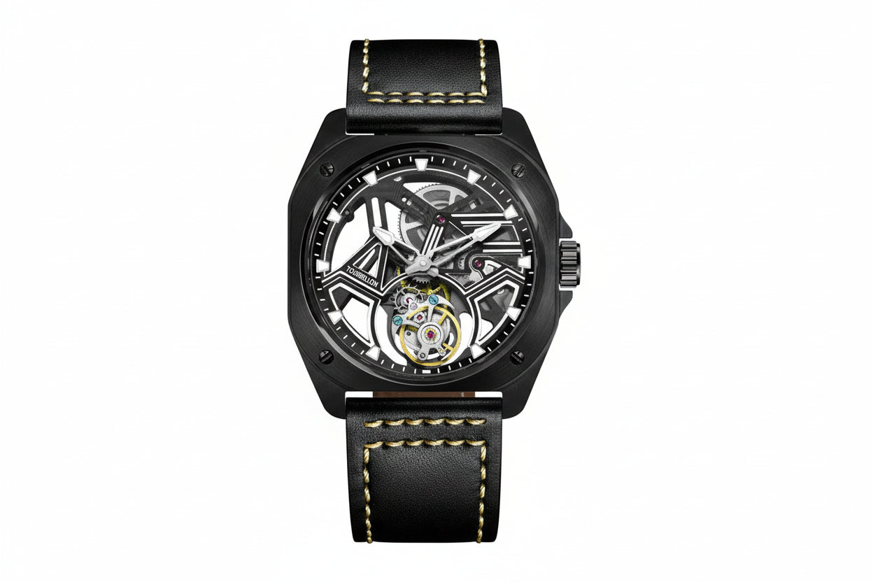 PINDU PD6569 tourbillon skeleton watch with black case and black leather strap