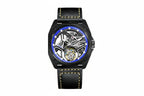PINDU PD6569 tourbillon skeleton watch black case blue accent ring front view