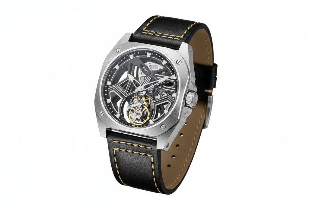 PINDU PD6569 tourbillon skeleton watch silver case angled three-quarter view