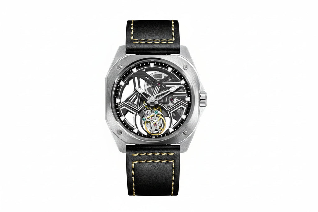 PINDU PD6569 tourbillon skeleton watch silver case black skeleton dial front view
