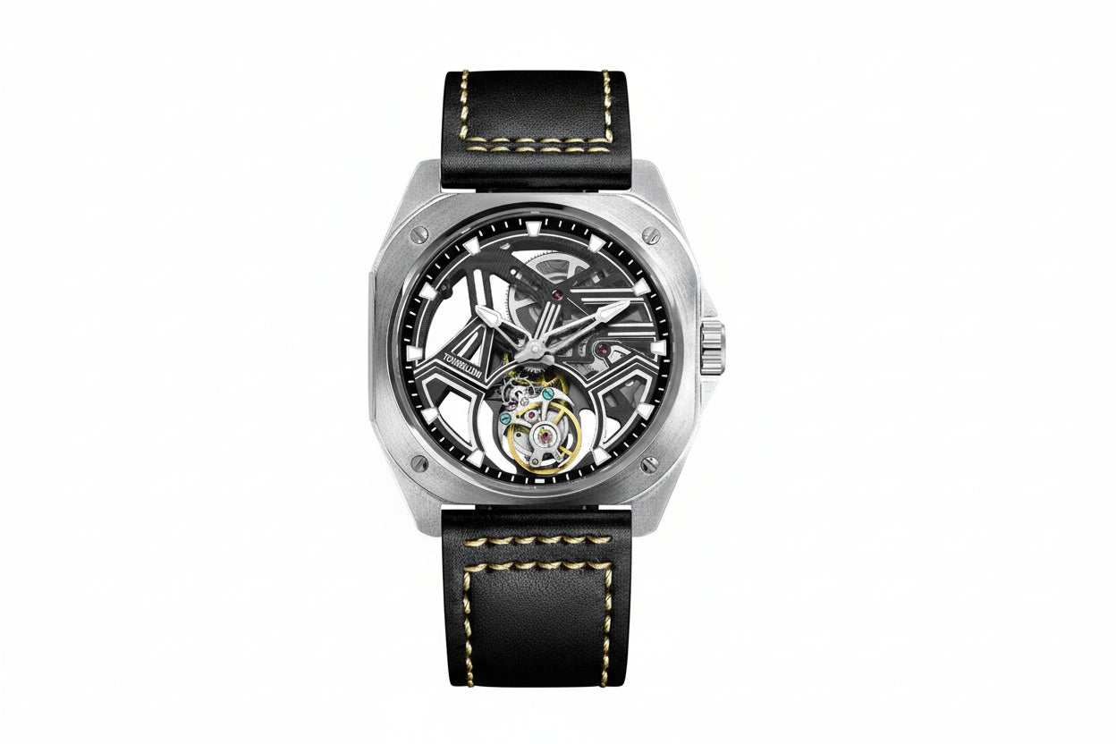 PINDU PD6569 tourbillon skeleton watch silver case black skeleton dial front view
