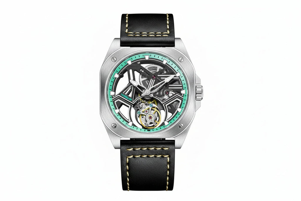 PINDU PD6569 tourbillon skeleton watch with teal accent and black leather strap