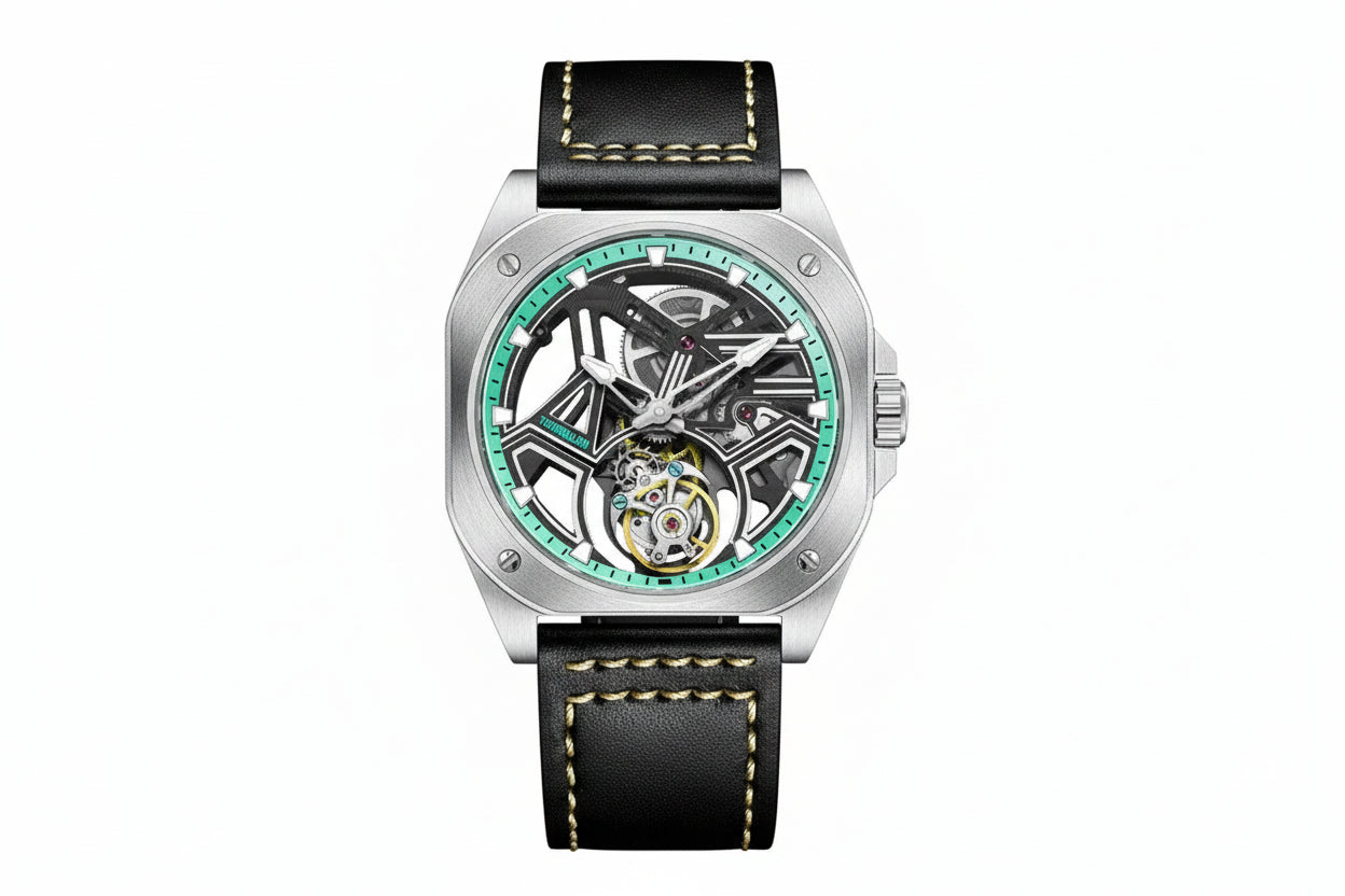 PINDU PD6569 tourbillon skeleton watch with teal accent and black leather strap