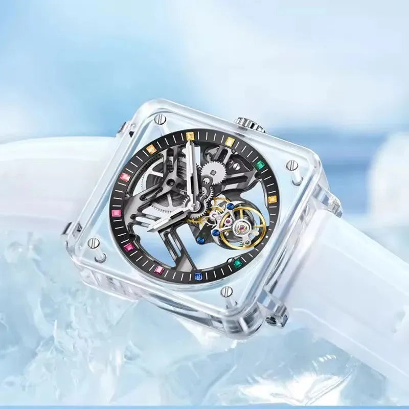 PINDU PD6569 tourbillon watch transparent case detail view with multicolor markers