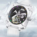 PINDU PD6569 tourbillon transparent case watch with rainbow markers angled side view