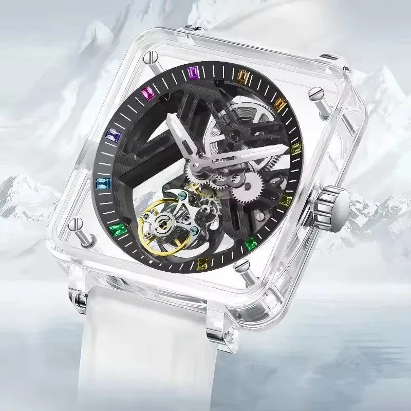 PINDU PD6569 tourbillon transparent case watch with rainbow markers angled side view