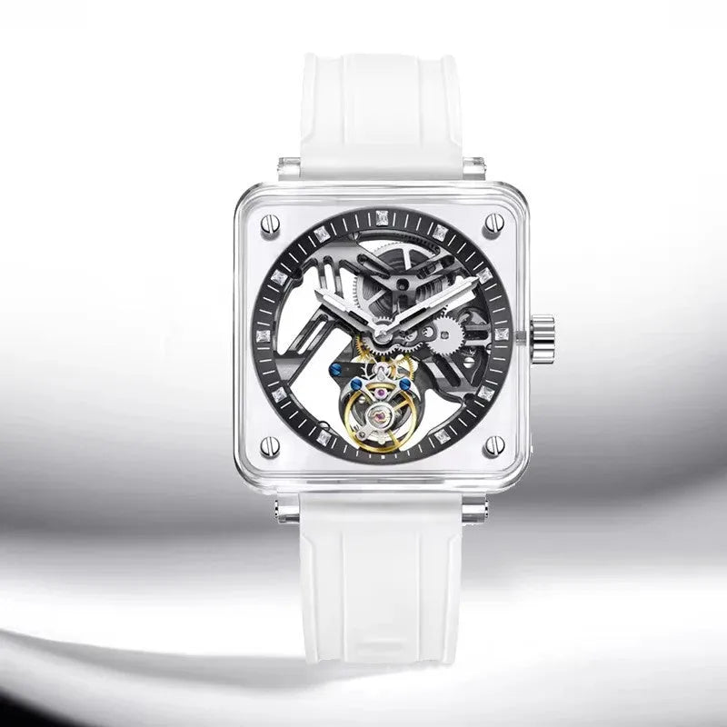 PINDU PD6569 tourbillon watch transparent case with black skeleton dial front view