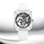 PINDU PD6569 tourbillon watch transparent case with black skeleton dial front view