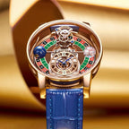 PINDU PD6570 roulette gaming dial watch with rose gold case and blue leather strap detail