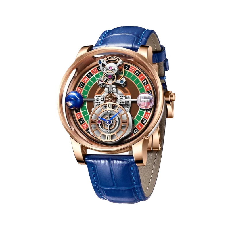 PINDU PD6570 roulette gaming dial watch rose gold case with blue leather strap front view