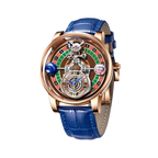 PINDU PD6570 roulette gaming dial watch rose gold case with blue leather strap front view