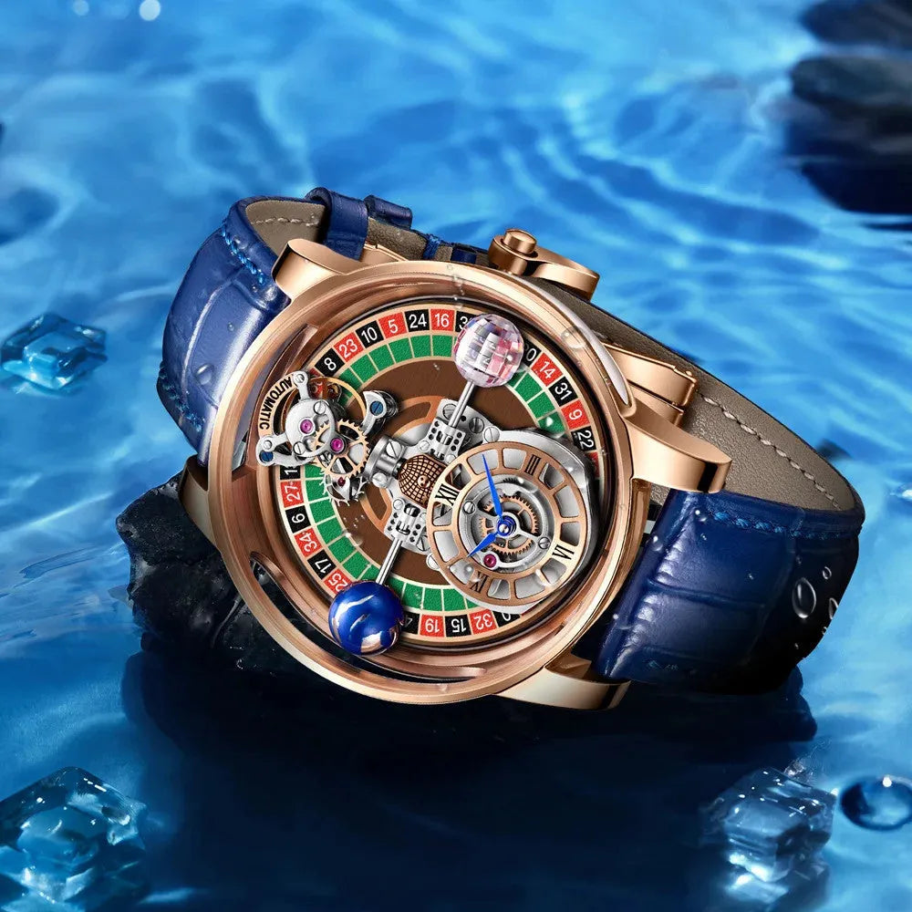 PINDU PD6570 roulette gaming dial watch rose gold blue leather on water and ice scene