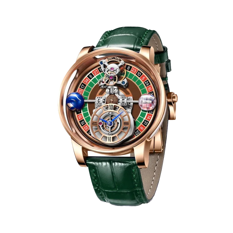 PINDU PD6570 roulette gaming dial watch rose gold case with green leather strap front view