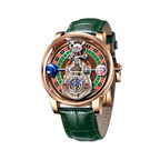 PINDU PD6570 roulette gaming dial watch rose gold case with green leather strap front view