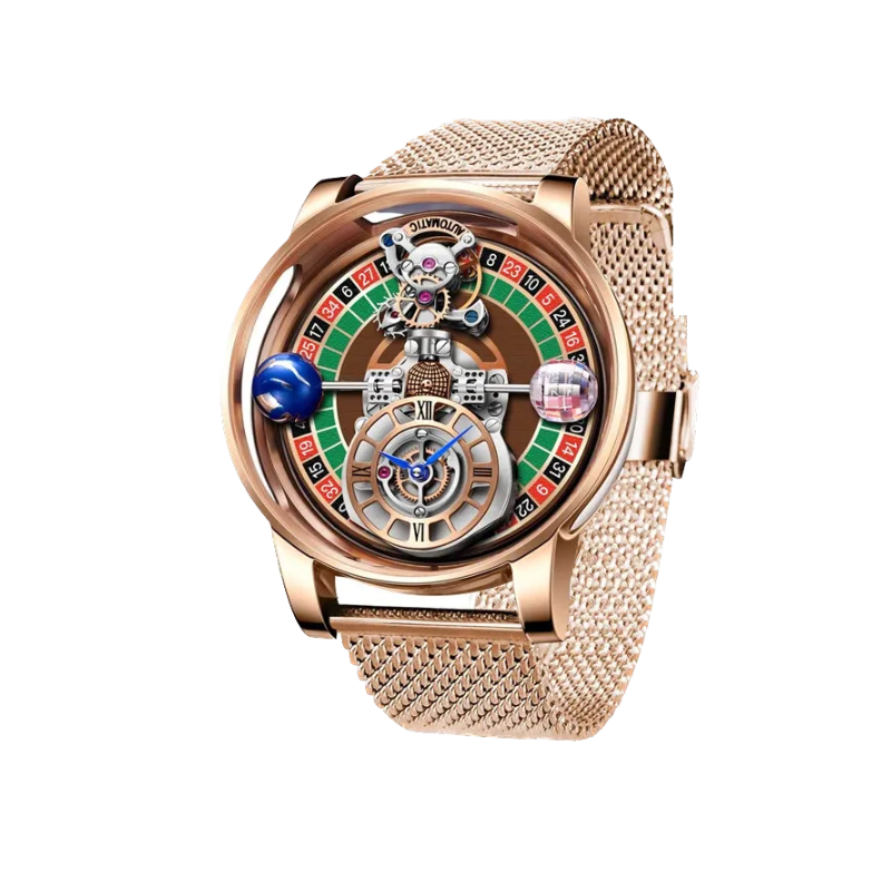 PINDU PD6570 roulette gaming dial watch rose gold case and mesh bracelet front view