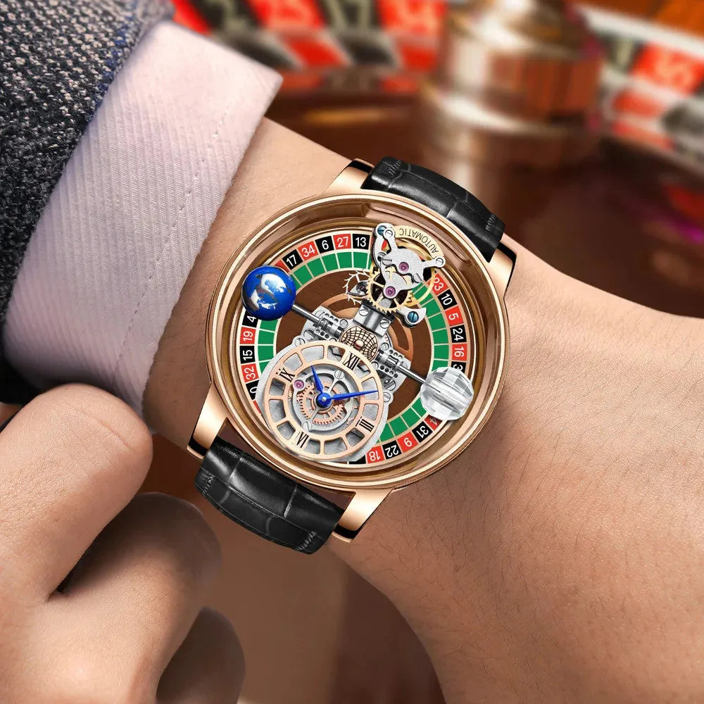 PINDU PD6570 quartz roulette watch with rose gold case and black leather strap worn on wrist at casino