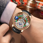 PINDU PD6570 quartz roulette watch with rose gold case and black leather strap worn on wrist at casino