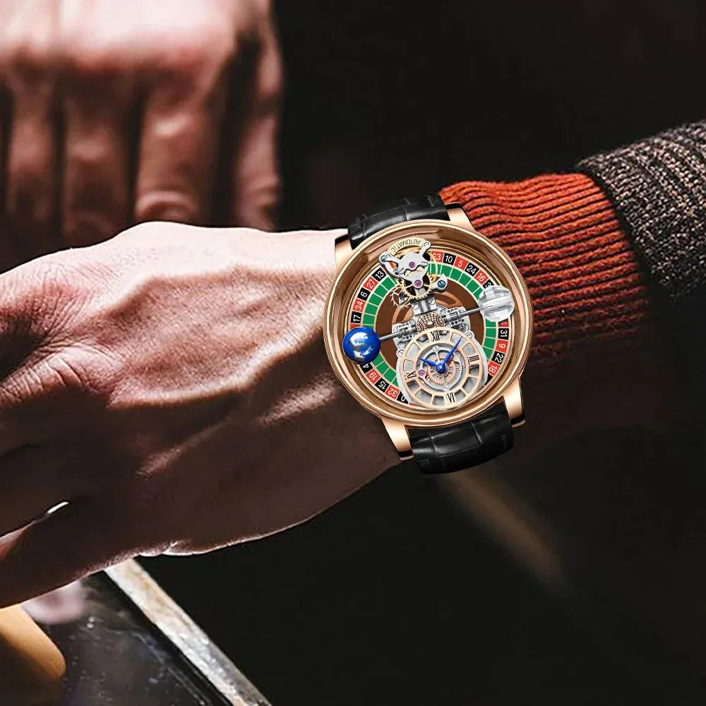 PINDU PD6570 quartz roulette watch with rose gold case and black leather strap on wrist