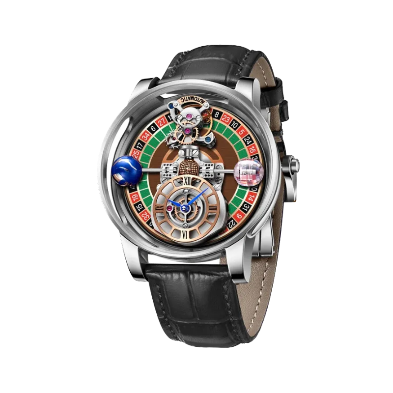 PINDU PD6570 roulette gaming dial watch silver case with black leather strap front view
