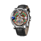 PINDU PD6570 roulette gaming dial watch silver case with black leather strap front view