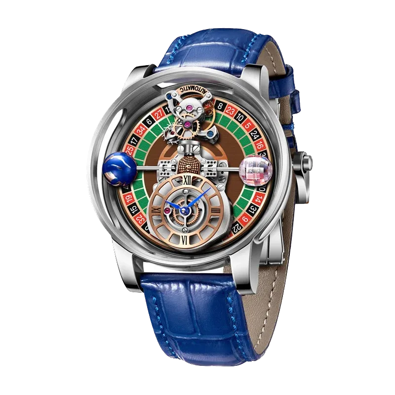 PINDU PD6570 roulette gaming dial watch silver case with blue leather strap front view
