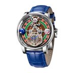 PINDU PD6570 roulette gaming dial watch silver case with blue leather strap front view