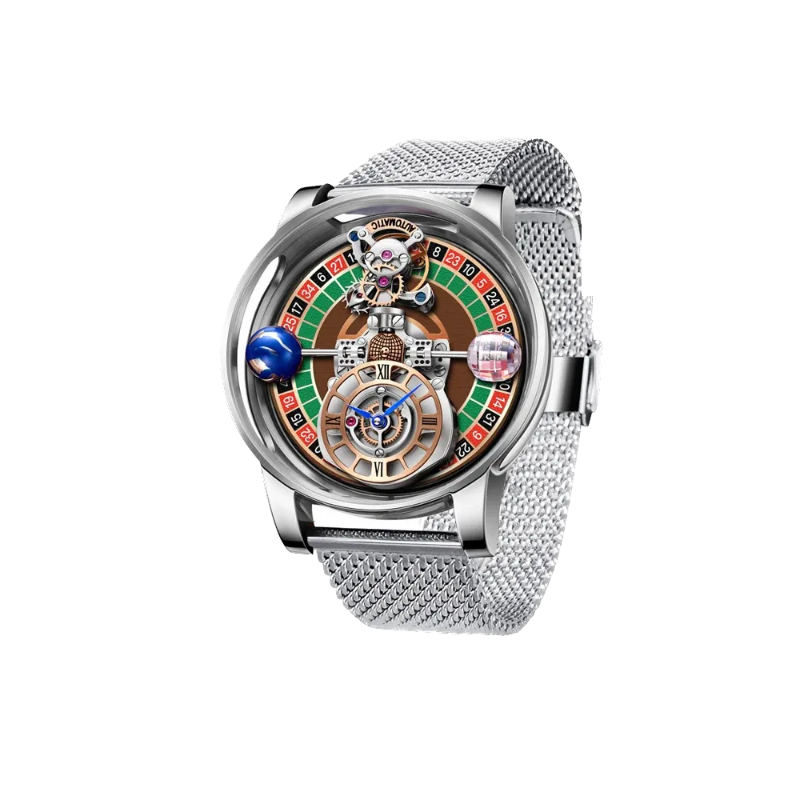 PINDU PD6570 roulette gaming dial watch with silver case mesh bracelet front view