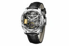 PINDU PD6572 Oil Well automatic skeleton watch silver case with black leather strap, angled view