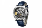 PINDU PD6572 Oil Well skeleton automatic watch silver case with blue leather strap, angled view