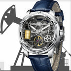 PINDU PD6572 Oil Well skeleton dial men's watch detail with oil pump graphic and blue leather strap
