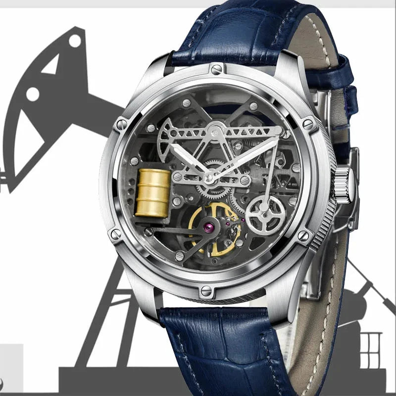 PINDU PD6572 Oil Well skeleton dial men's watch detail with oil pump graphic and blue leather strap