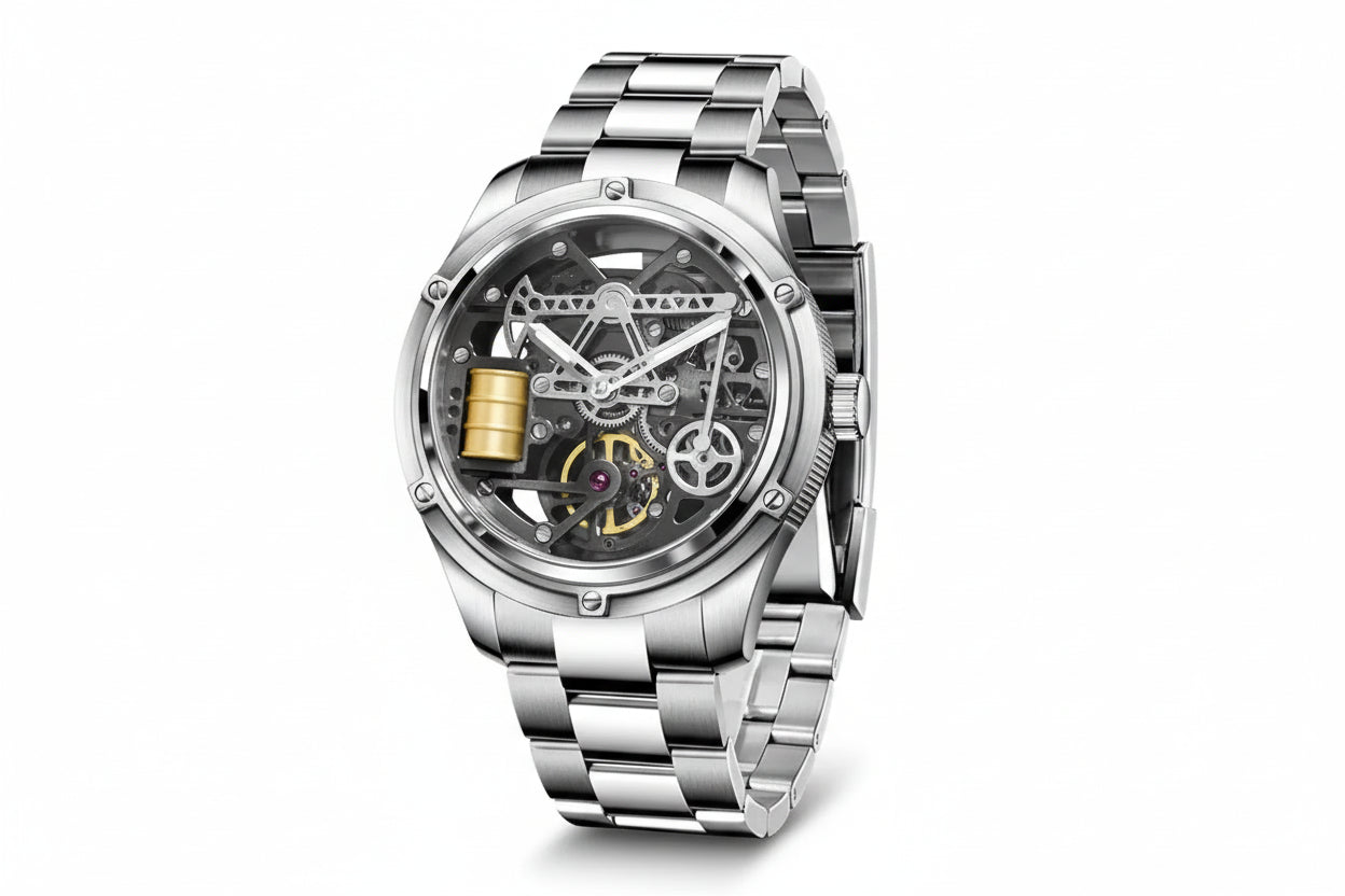 PINDU PD6572 Oil Well skeleton automatic watch silver case with silver bracelet angled three-quarter view