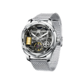 PINDU PD6572 Oil Well automatic skeleton watch with silver case mesh bracelet and gold barrel detail, front