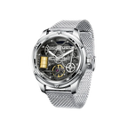 PINDU PD6572 Oil Well automatic skeleton watch with silver case mesh bracelet and gold barrel detail, front