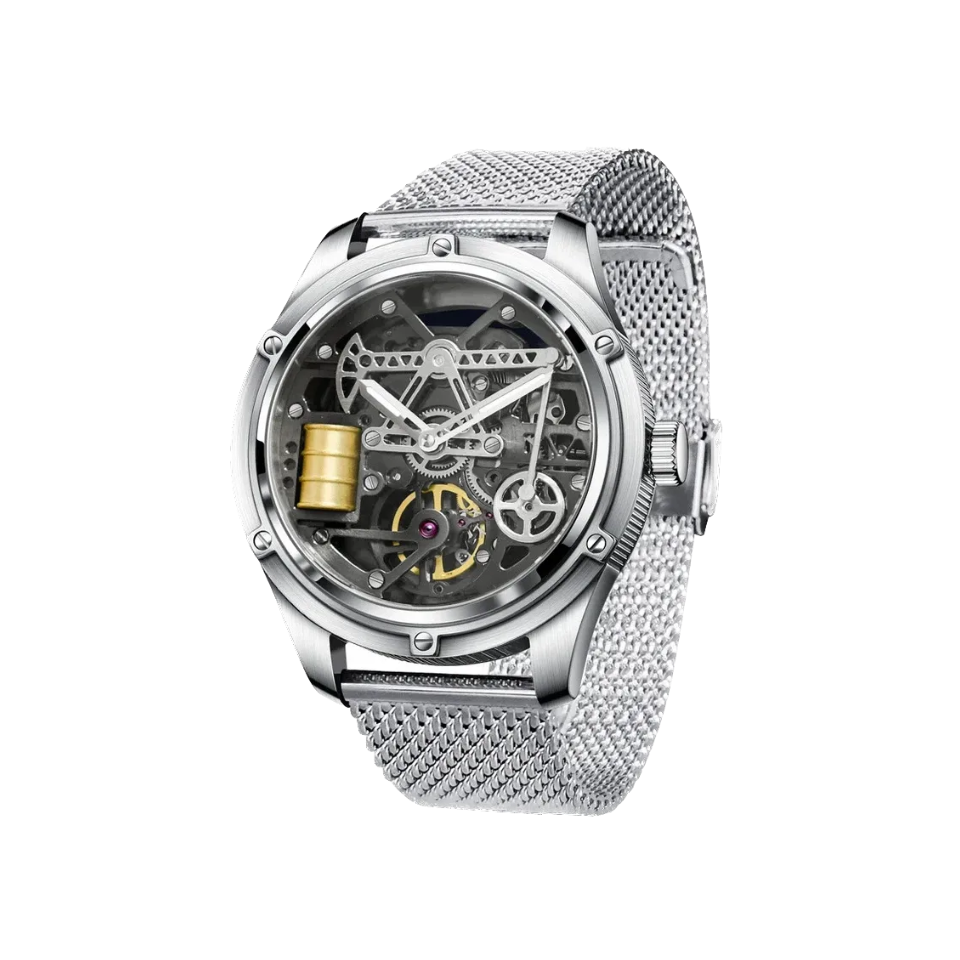 PINDU PD6572 Oil Well automatic skeleton watch with silver case mesh bracelet and gold barrel detail, front