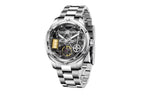 PINDU PD6572 steel skeleton watch on a solid steel link bracelet, three-quarter front angle